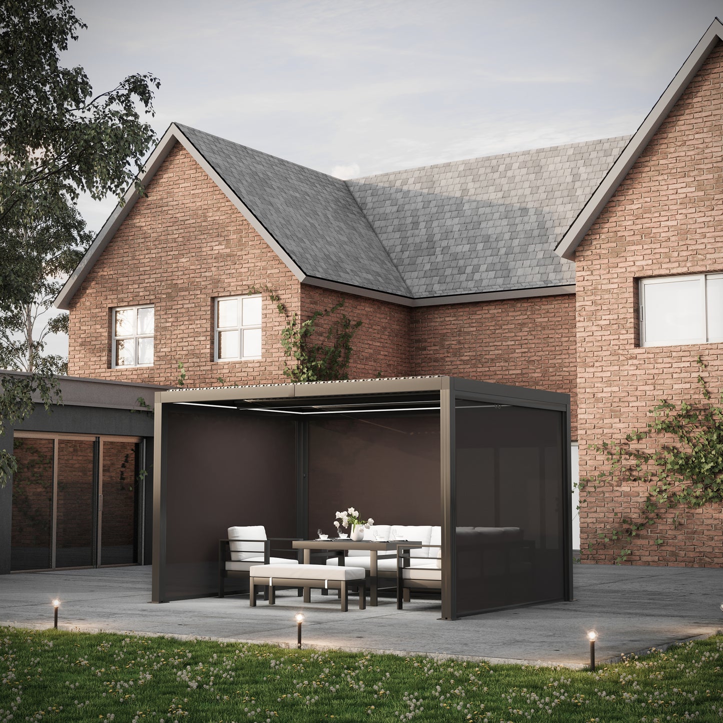 Heavy Duty Grey Aluminium LED Pergola Mid-Beam Louvered Shutter + Windscreen Roof 3 x 4m