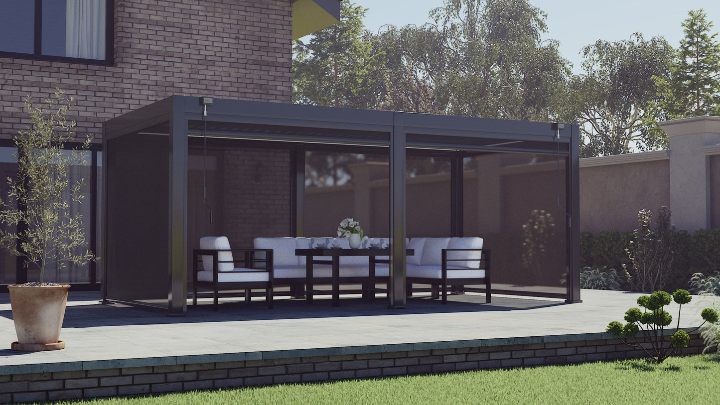 LuxShade™ 3×6m Aluminium Pergola with LEDs, Double-Layered Louvred Roof & Blinds