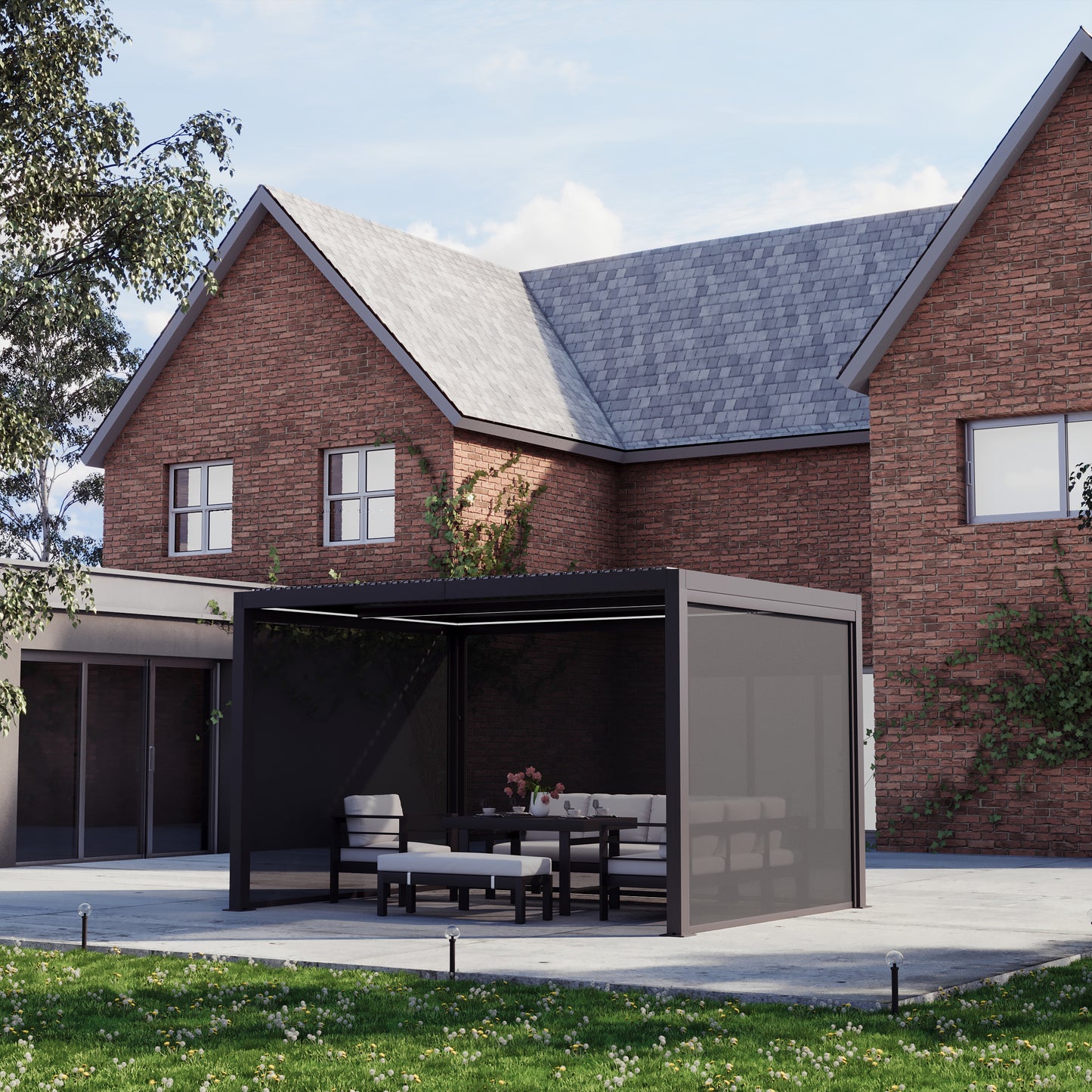 Heavy Duty Grey Aluminium LED Pergola Mid-Beam Louvered Shutter + Windscreen Roof 3 x 4m