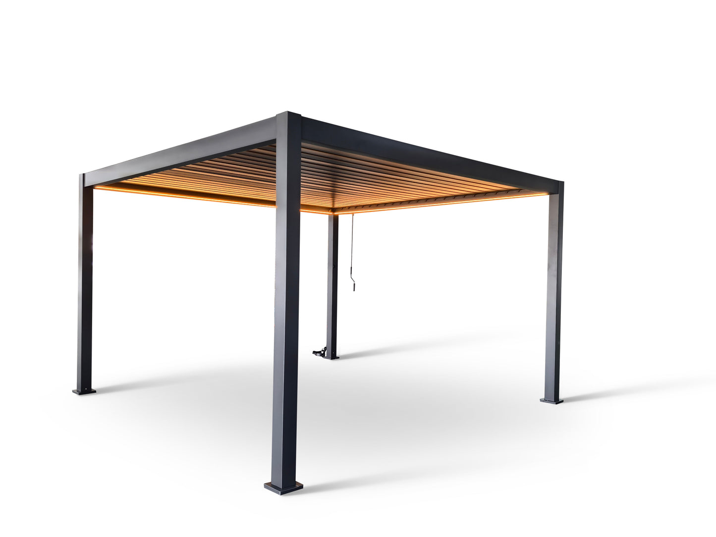 LuxShade™ 4×4m Aluminium Pergola with LEDs, Double-Layered Louvred Roof & 3 Blinds