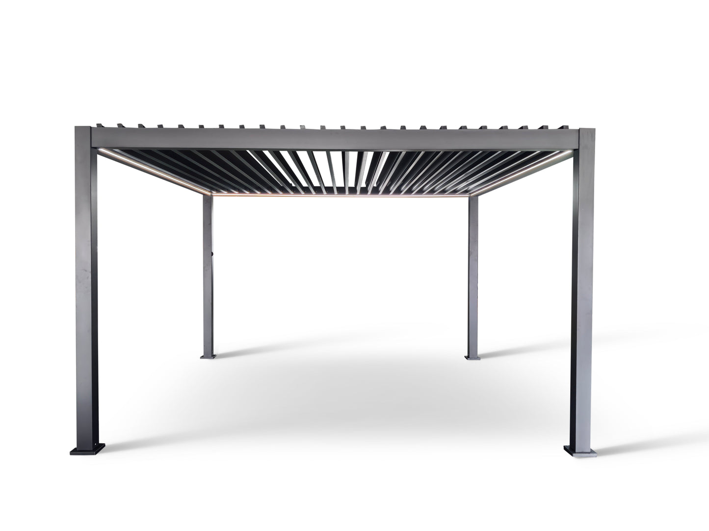 LuxShade™ 4×4m Aluminium Pergola with LEDs, Double-Layered Louvred Roof & 3 Blinds