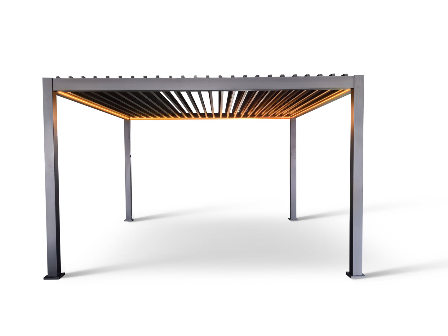 LuxShade™ 4×4m Aluminium Pergola with LEDs, Double-Layered Louvred Roof & 3 Blinds