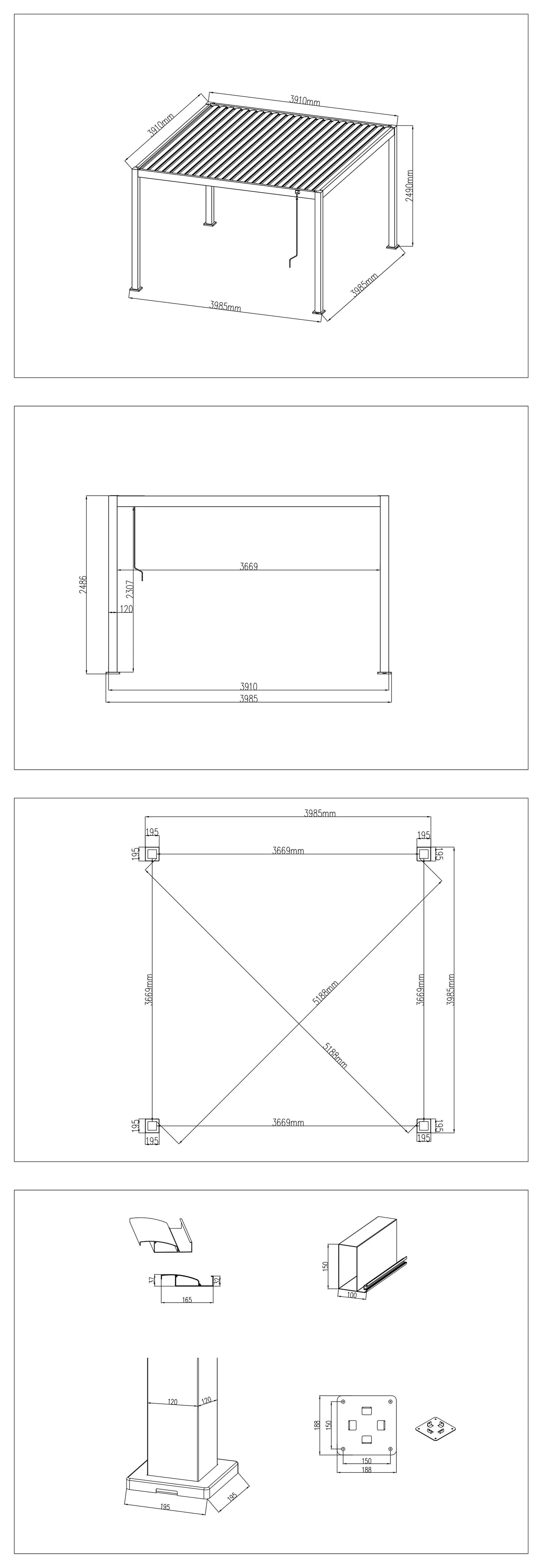 LuxShade™ 4×4m Aluminium Pergola with LEDs, Double-Layered Louvred Roof & 3 Blinds