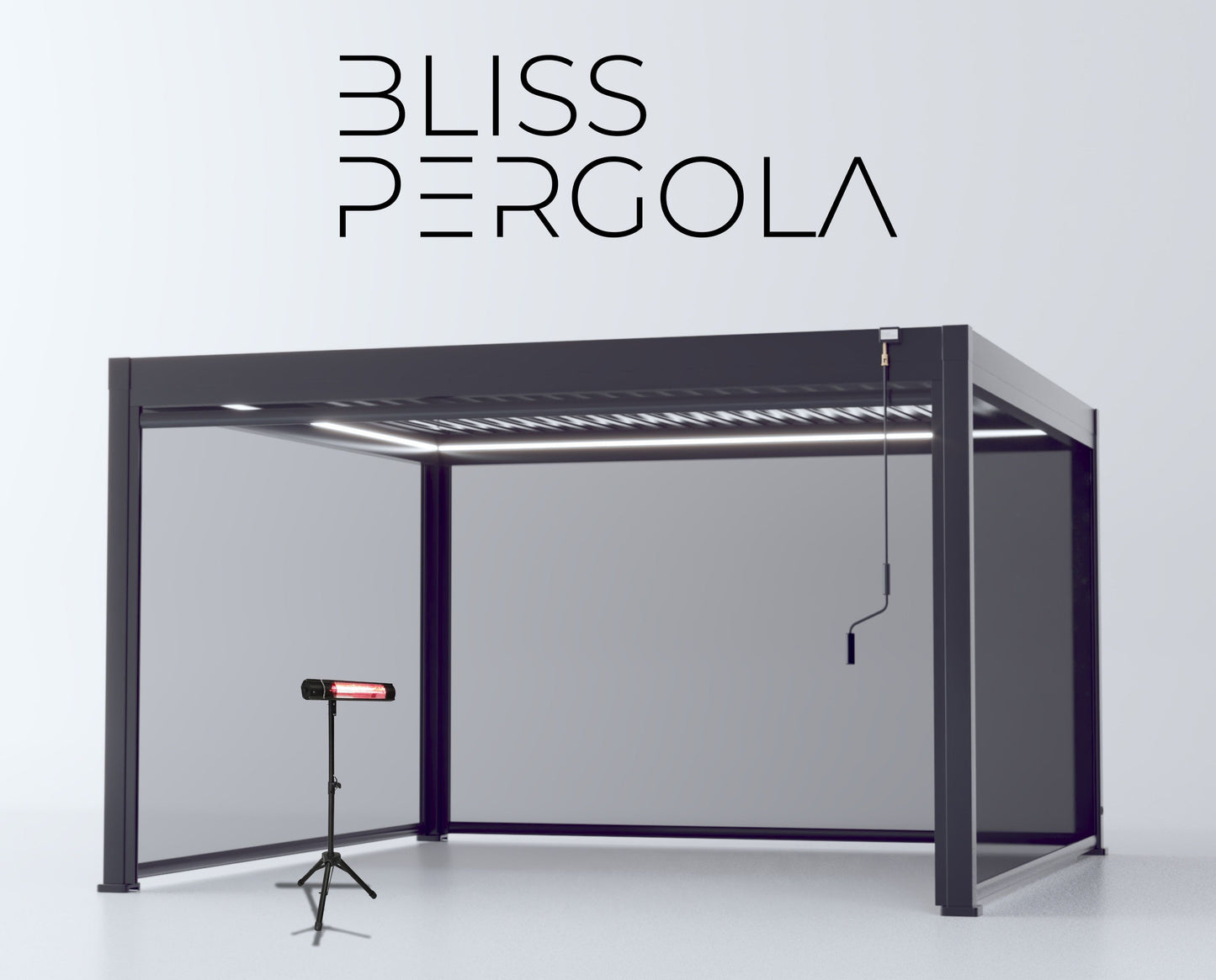 LuxShade™ 4×4m Aluminium Pergola with LEDs, Double-Layered Louvred Roof & 3 Blinds
