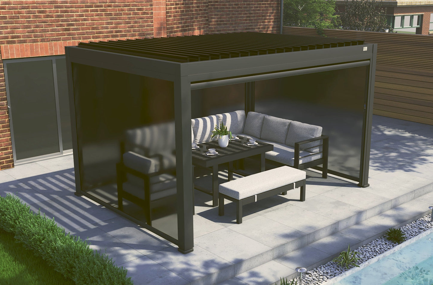 MotaShade™ 3×4m Motorised Aluminium Pergola – Double‑Layer Louvers, LEDs & 3 Zip Blinds