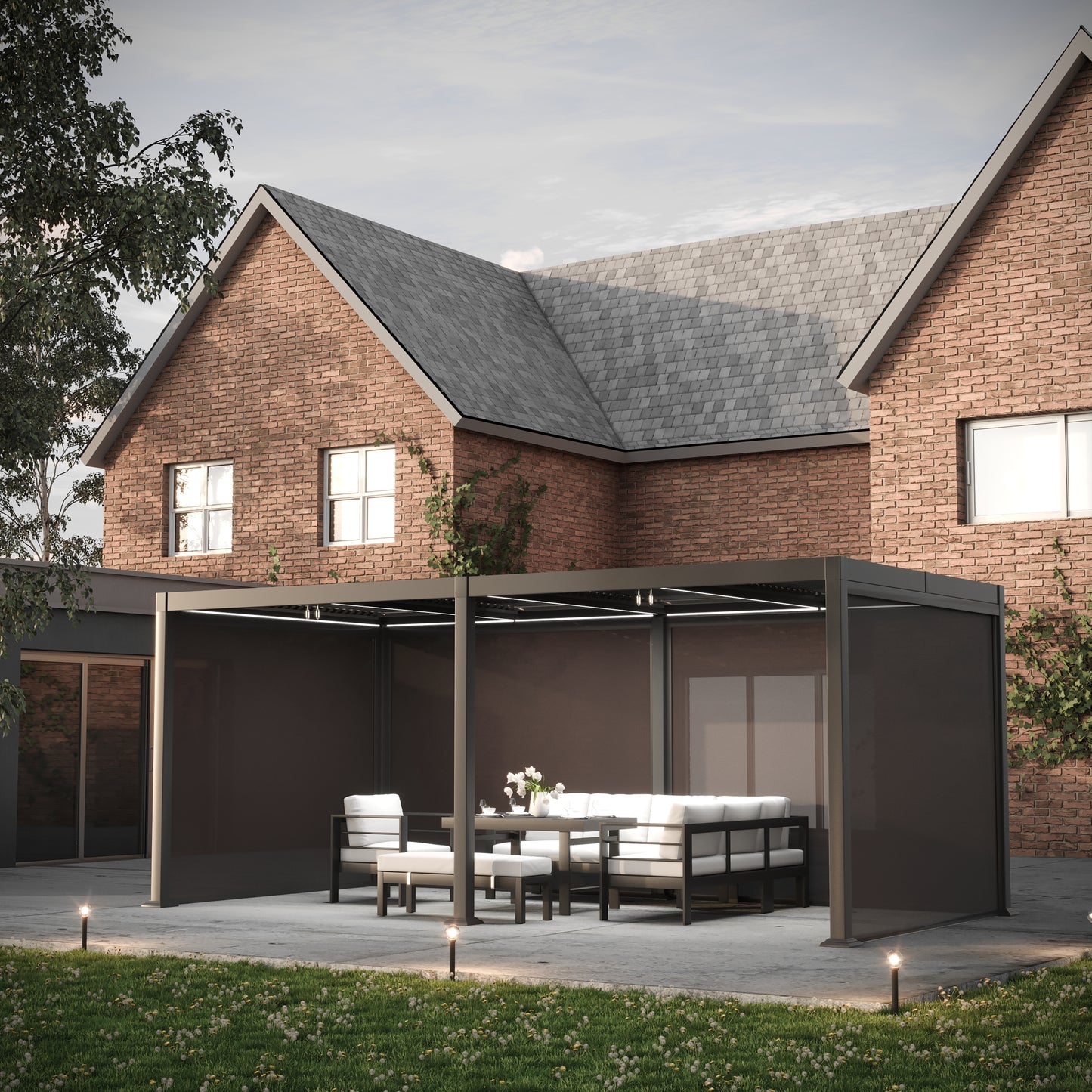 Heavy Duty Grey Aluminium LED Pergola Mid-Beam Louvered Shutter Roof + Windscreen 3 x 6m
