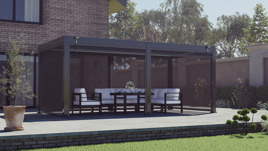 LuxShade™ 3×6m Aluminium Pergola with LEDs, Double-Layered Louvred Roof & Blinds