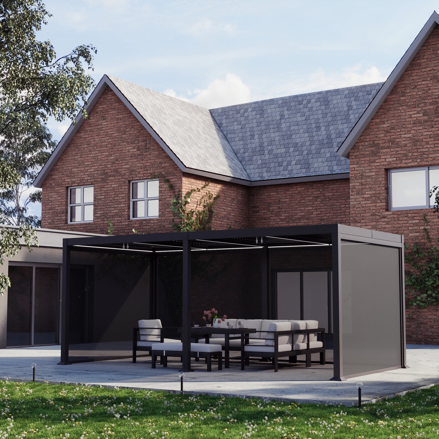 Heavy Duty Grey Aluminium LED Pergola Mid-Beam Louvered Shutter Roof + Windscreen 3 x 6m
