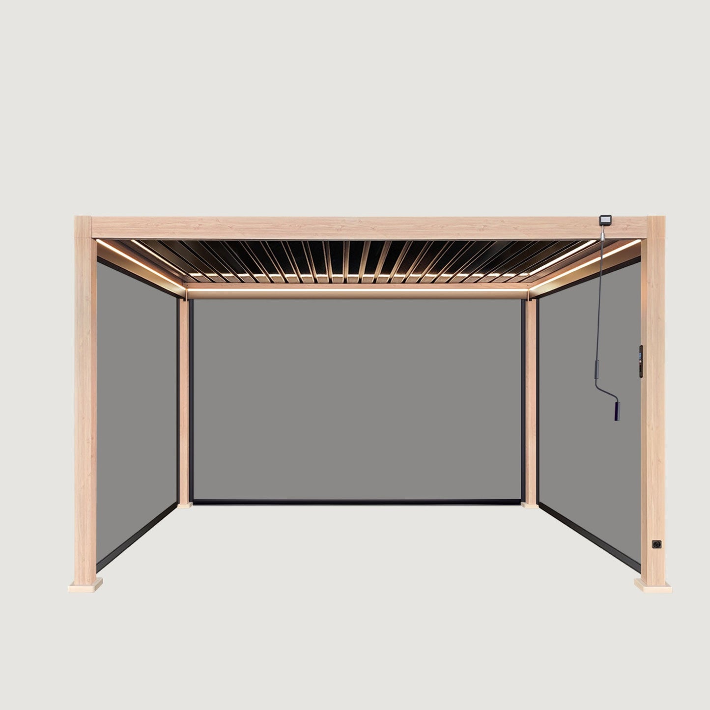LuxShade™ 3×4m Aluminium Pergola – LEDs, Double-Layer Louvres & 3 Windscreens - Oak Effect