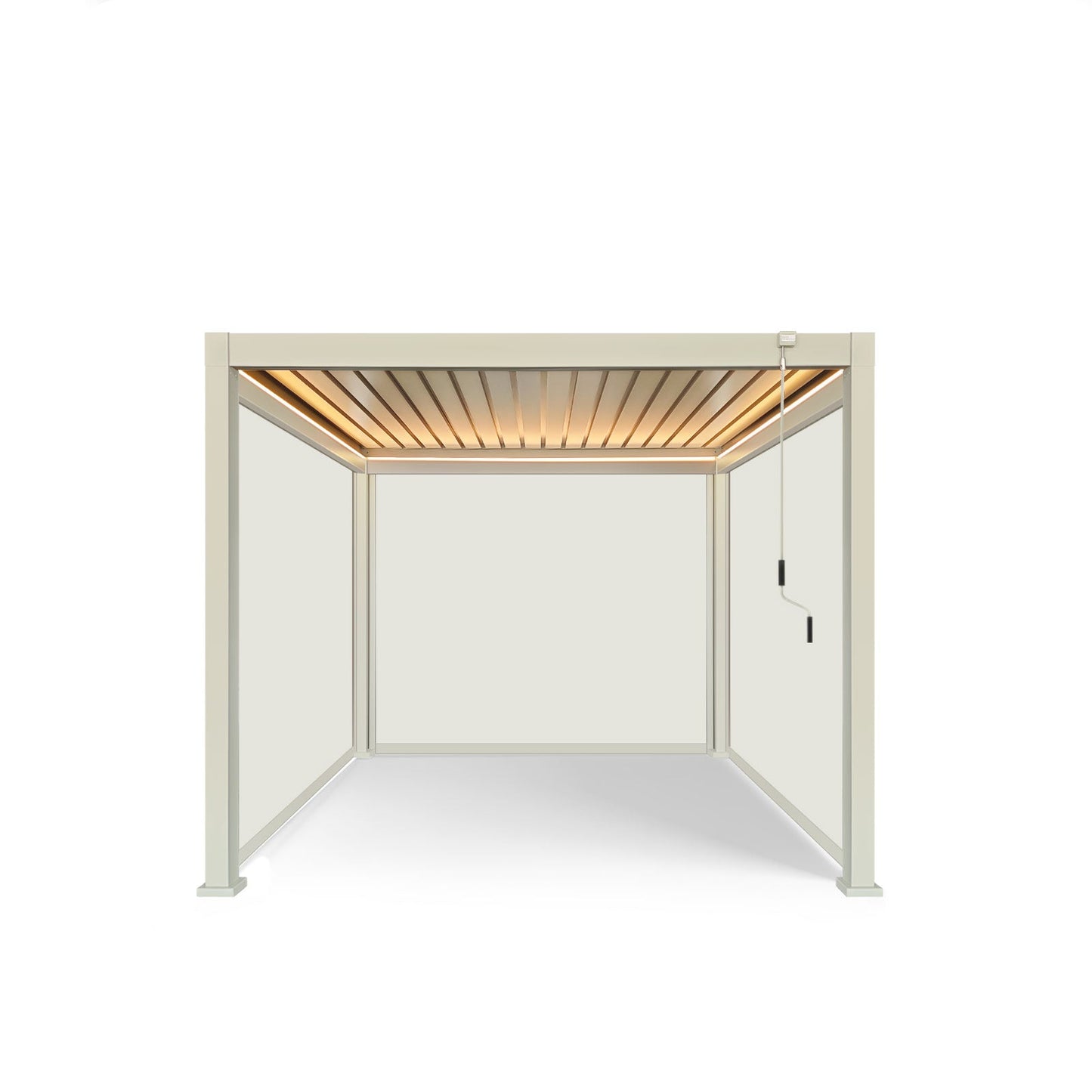 LuxShade™ 3×3m Pebble Aluminium Pergola with LEDs, Double-Layered Roof & 3 Blinds