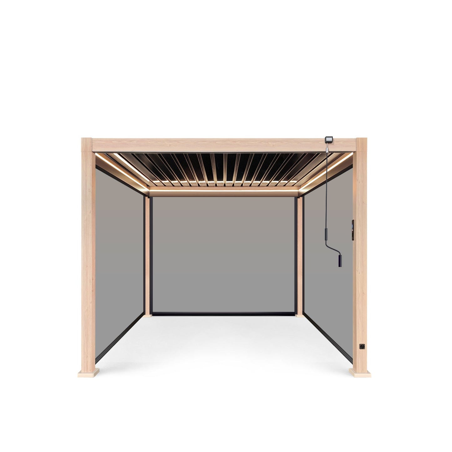 LuxShade™ 3×3m Aluminium Pergola – LEDs, Double-Layer Louvres & 3 Windscreens - Oak Effect