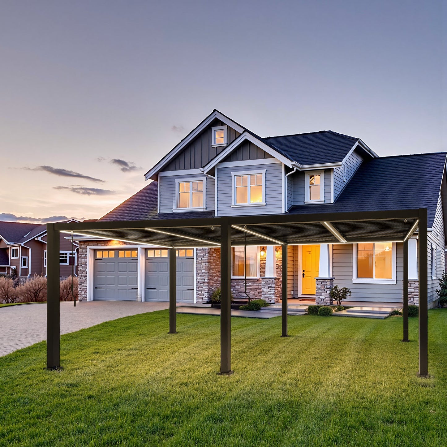 SplitZone™ 3×6m Grey Aluminium Pergola with LEDs, Mid-Beam Louvred Roof
