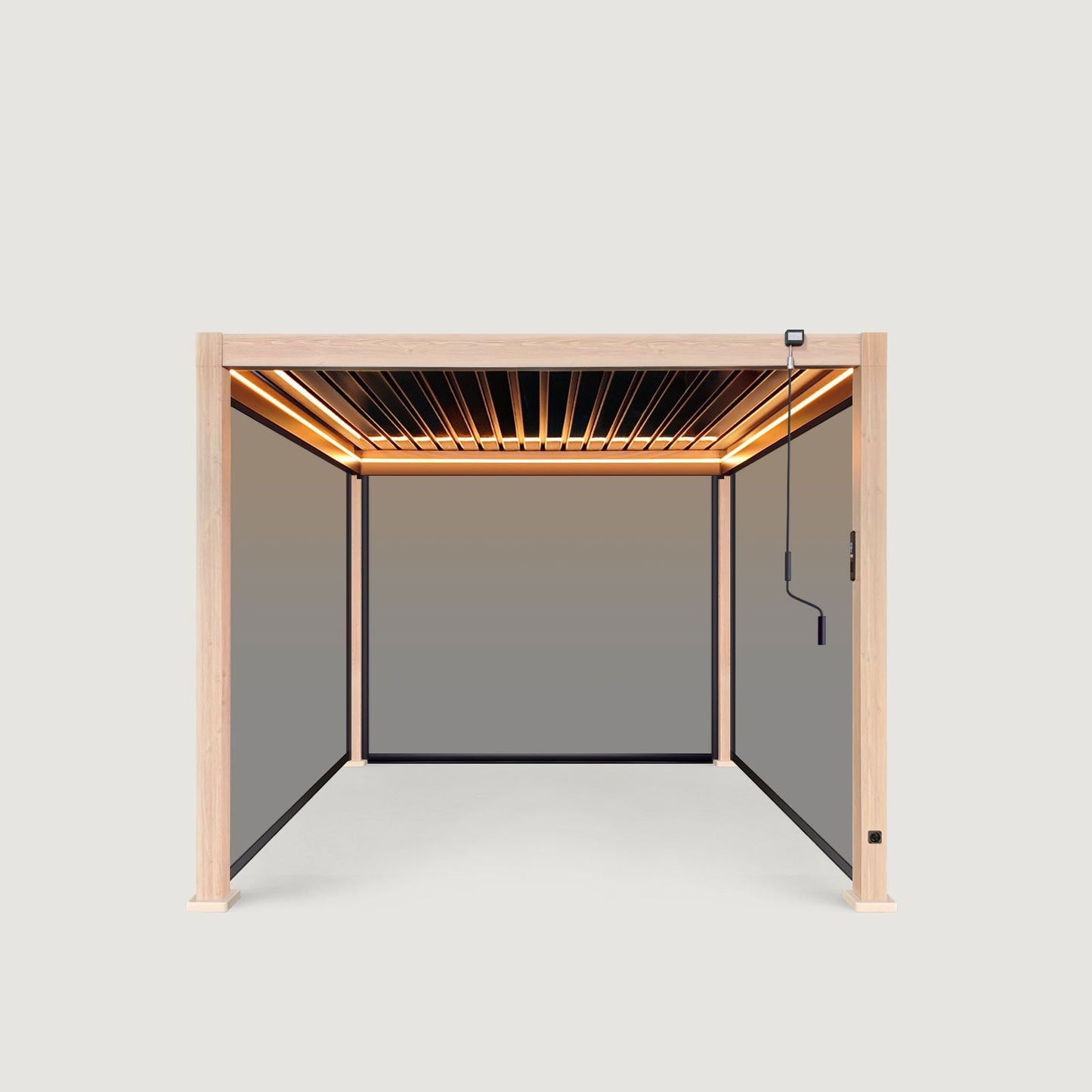 LuxShade™ 3×3m Aluminium Pergola – LEDs, Double-Layer Louvres & 3 Windscreens - Oak Effect