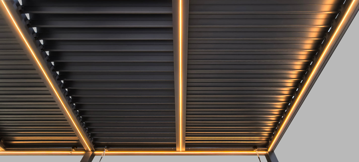 SplitZone™ 3×6m Grey Aluminium Pergola with LEDs, Mid-Beam Louvred Roof & Blinds