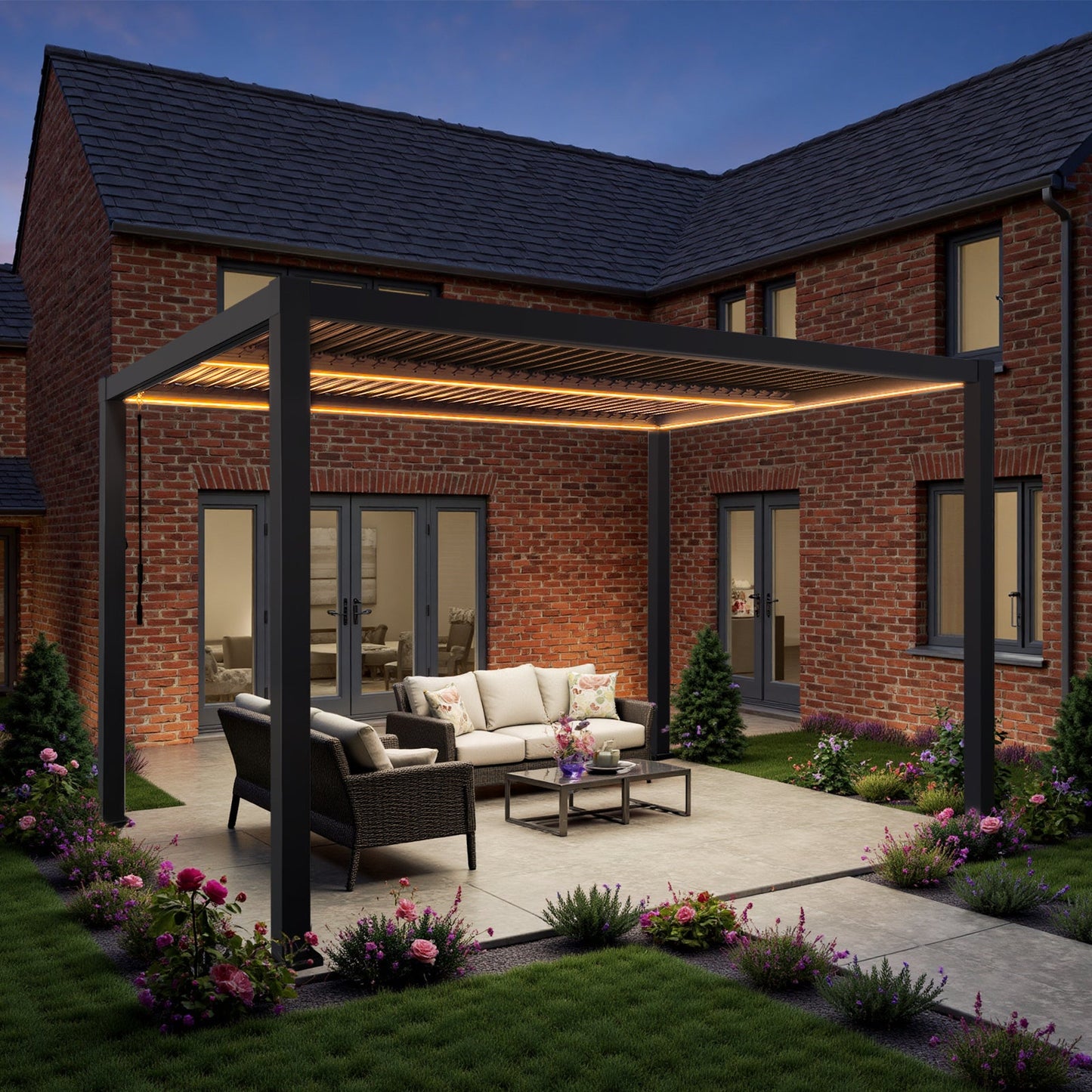 SplitZone™ 3×4m Grey Aluminium Pergola with LEDs, Mid-Beam Louvred Roof + Windscreens
