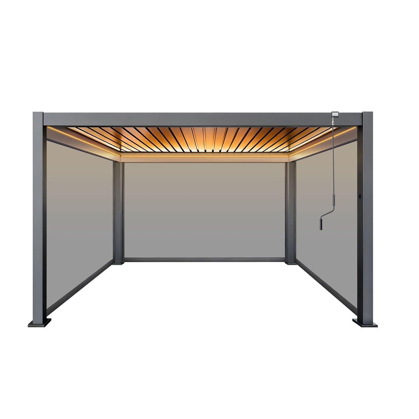LuxShade™ 4×4m Aluminium Pergola with LEDs, Double-Layered Louvred Roof & 3 Blinds