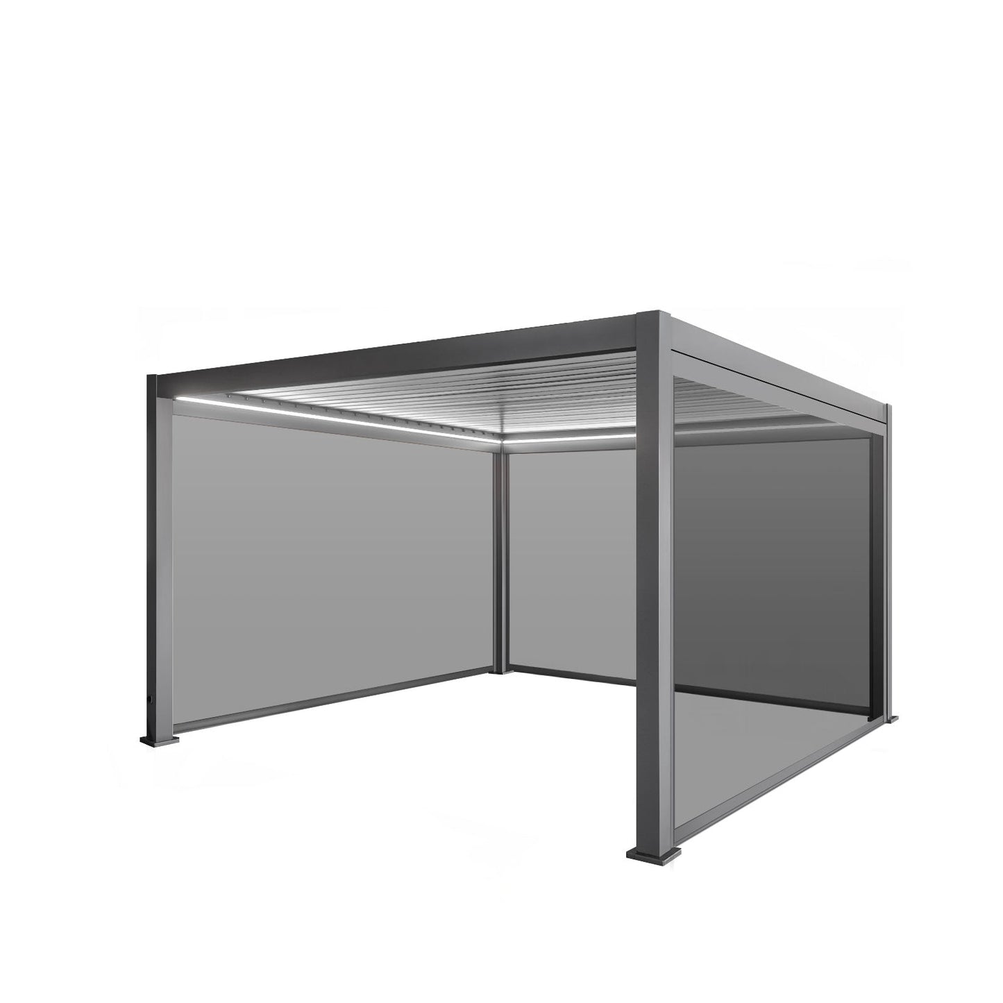 LuxShade™ 4×4m Aluminium Pergola with LEDs, Double-Layered Louvred Roof & 3 Blinds