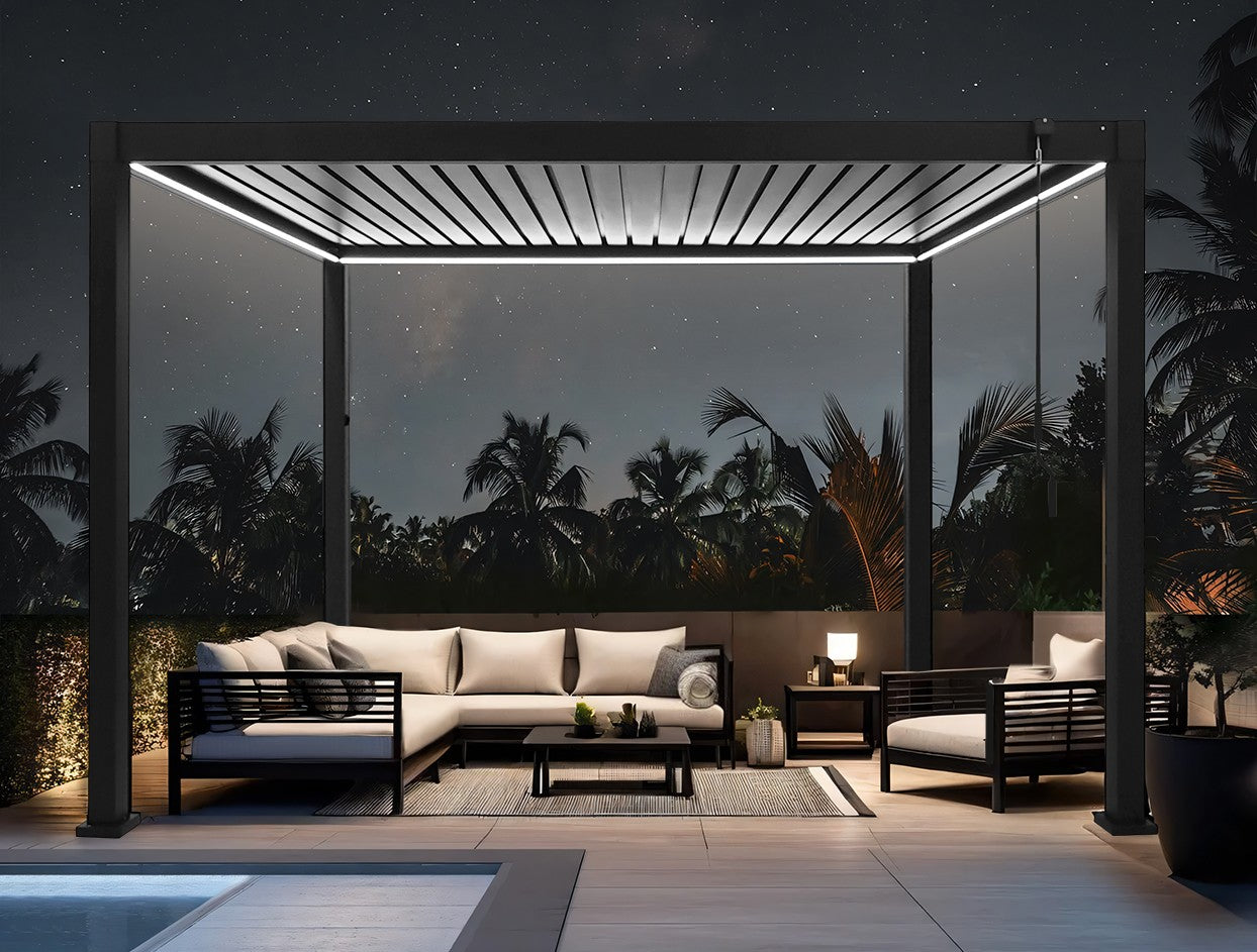 Heavy Duty Grey Aluminium LED Pergola with Double Louvered Shutter Roof 3 x 4m