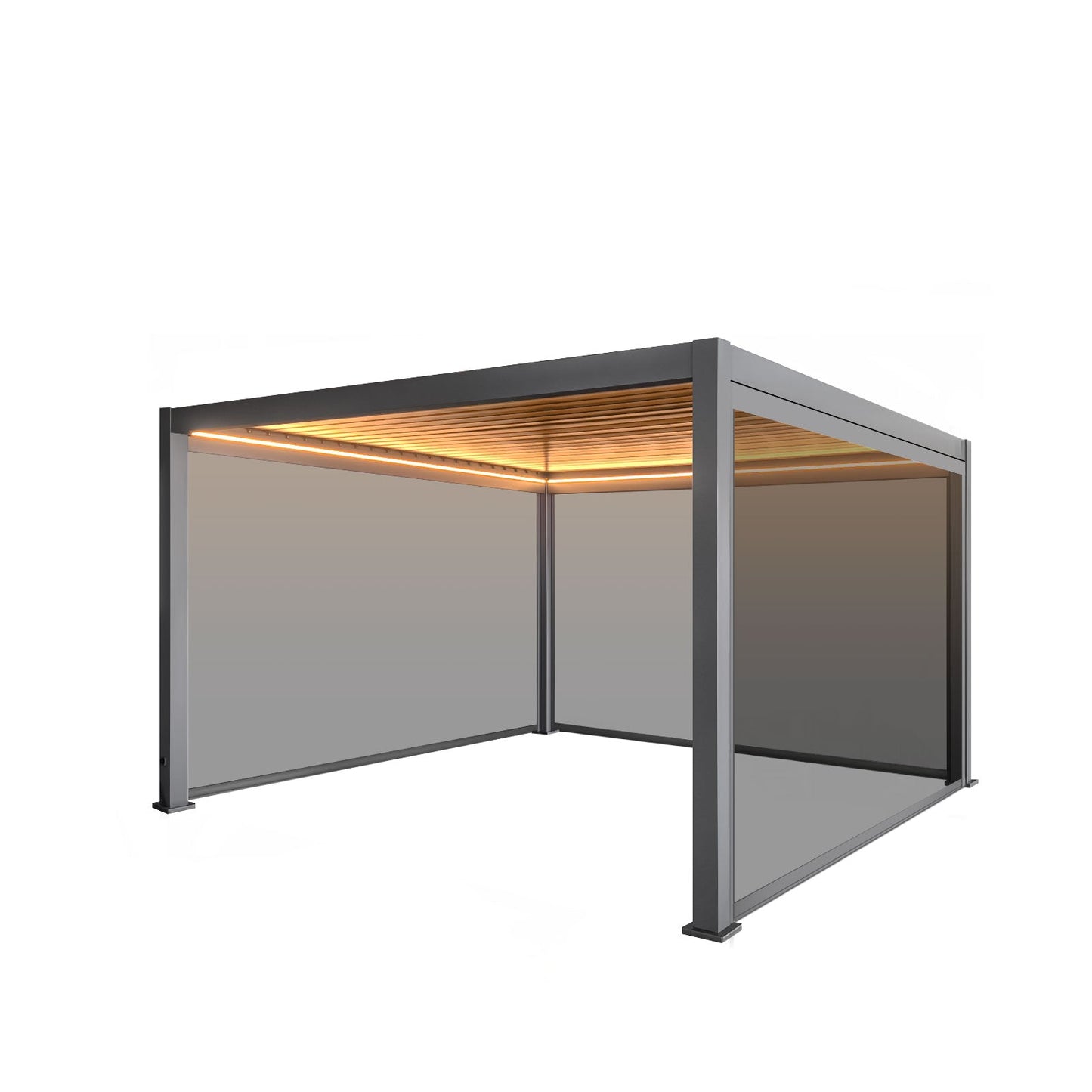 LuxShade™ 4×4m Aluminium Pergola with LEDs, Double-Layered Louvred Roof & 3 Blinds