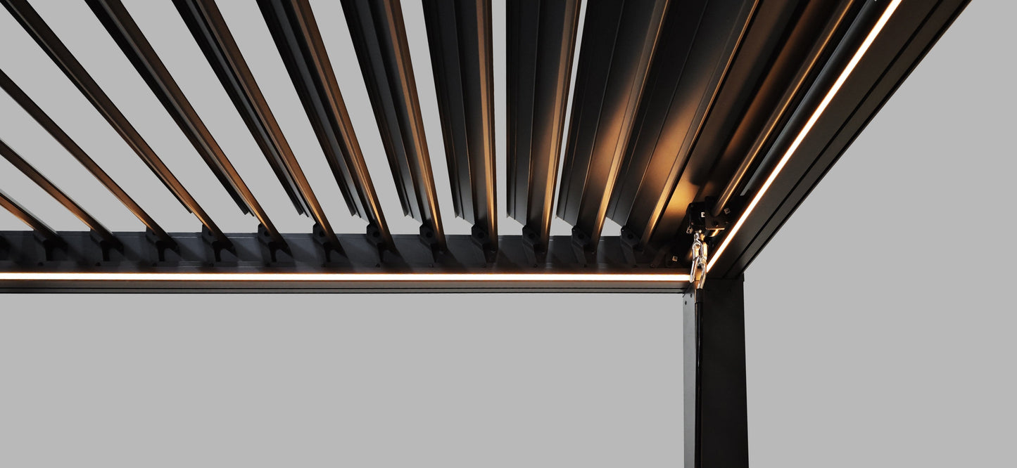 SplitZone™ 3×4m Grey Aluminium Pergola with LEDs, Mid-Beam Louvred Roof + Windscreens