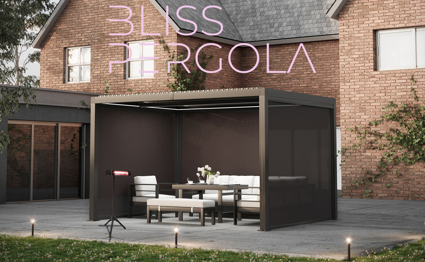 SplitZone™ 3×4m Grey Aluminium Pergola with LEDs, Mid-Beam Louvred Roof + Windscreens