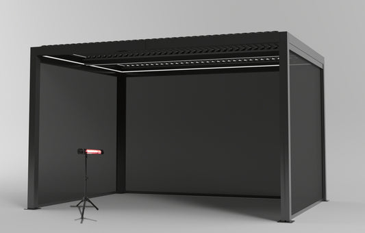 SplitZone™ 3×4m Grey Aluminium Pergola with LEDs, Mid-Beam Louvred Roof + Windscreens