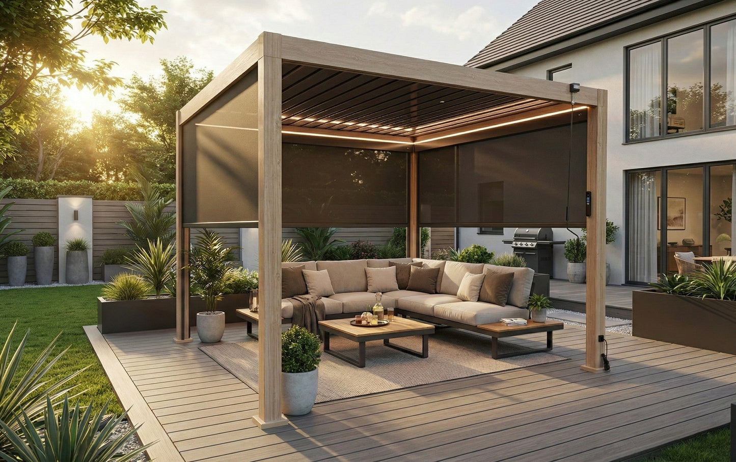 LuxShade™ 3×3m Aluminium Pergola – LEDs, Double-Layer Louvres & 3 Windscreens - Oak Effect