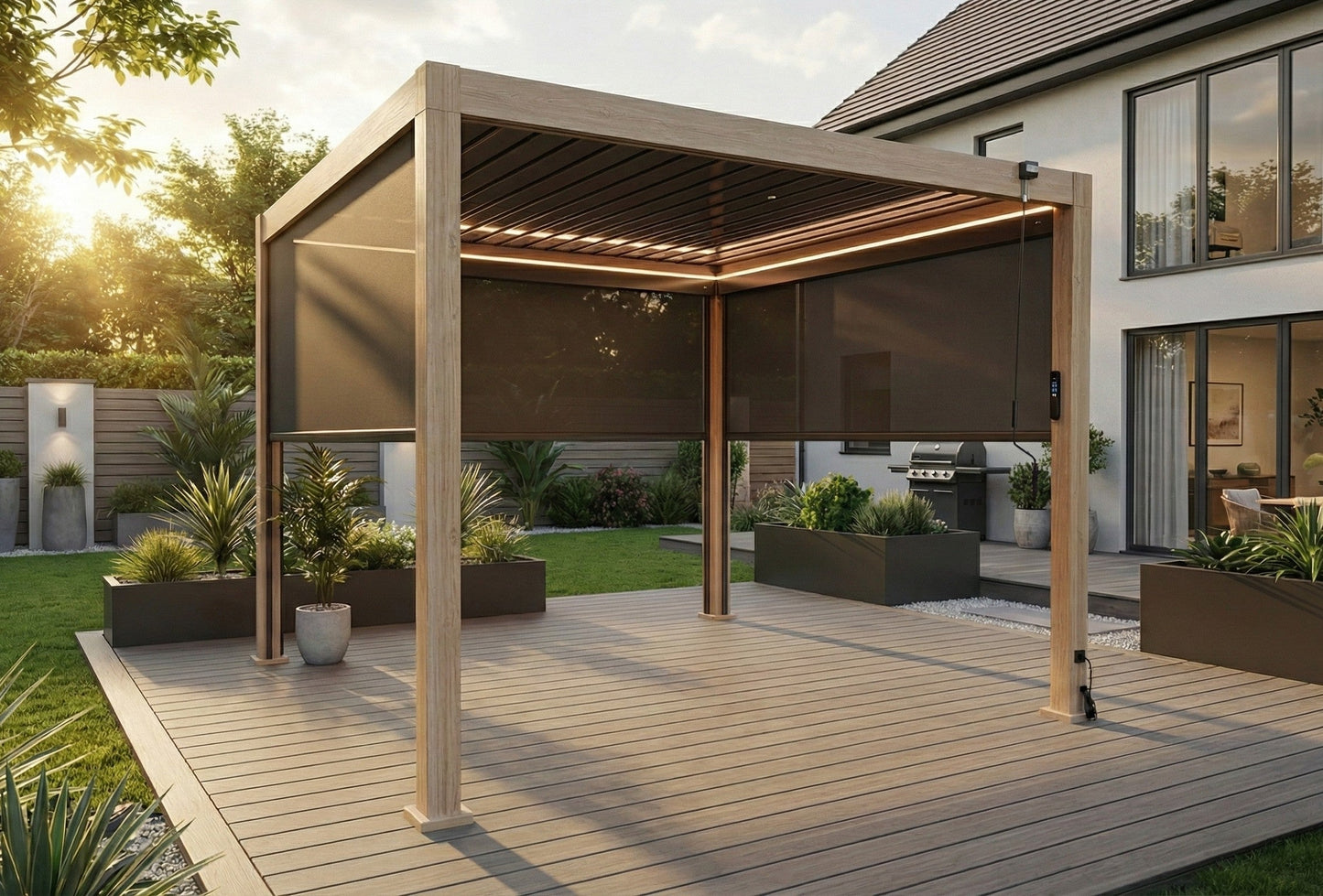 LuxShade™ 3×3m Oak Effect Aluminium Pergola LEDs, Double-Layered Louvred Roof