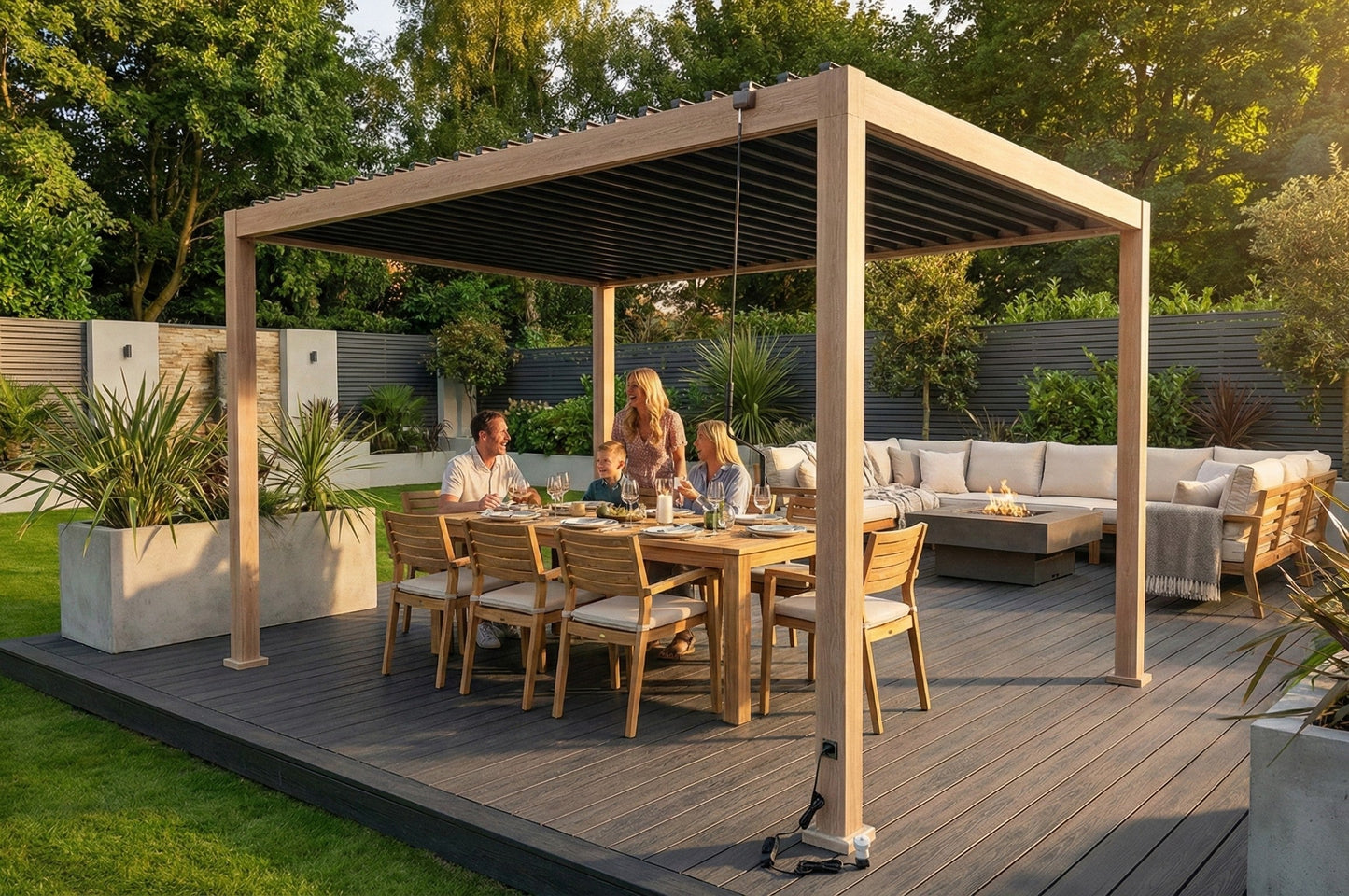 LuxShade™ 3×4m Aluminium Pergola – LEDs, Double-Layer Louvres & 3 Windscreens - Oak Effect