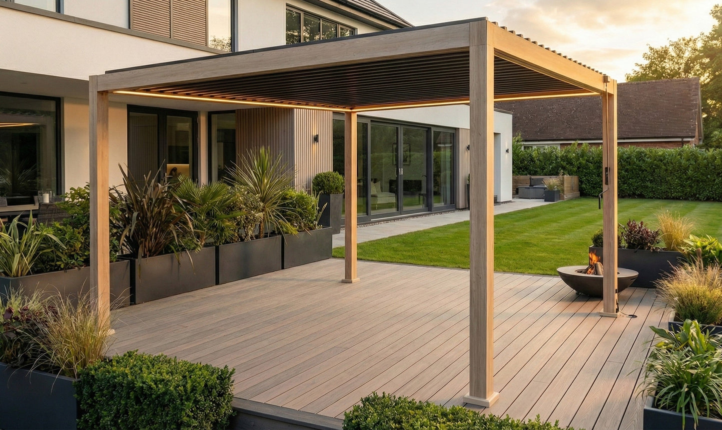 LuxShade™ 3×4m Oak Effect Aluminium Pergola with LEDs, Double-Layered Louvres