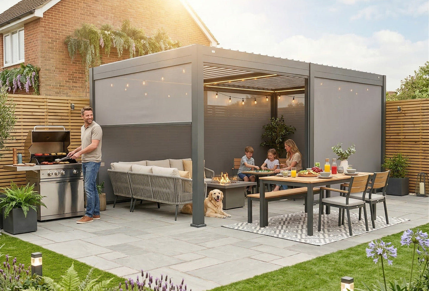 SplitZone™ 3×6m Grey Aluminium Pergola with LEDs, Mid-Beam Louvred Roof