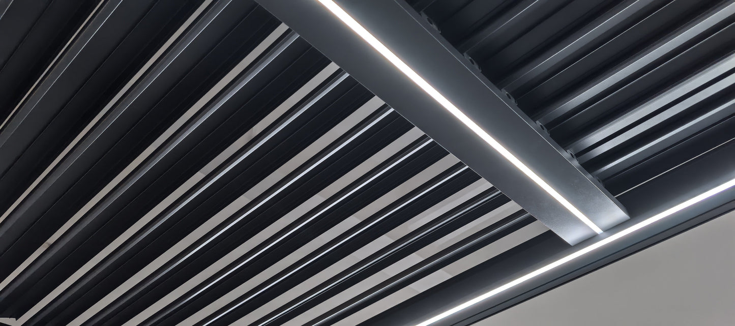 SplitZone™ 3×6m Grey Aluminium Pergola with LEDs, Mid-Beam Louvred Roof & Blinds