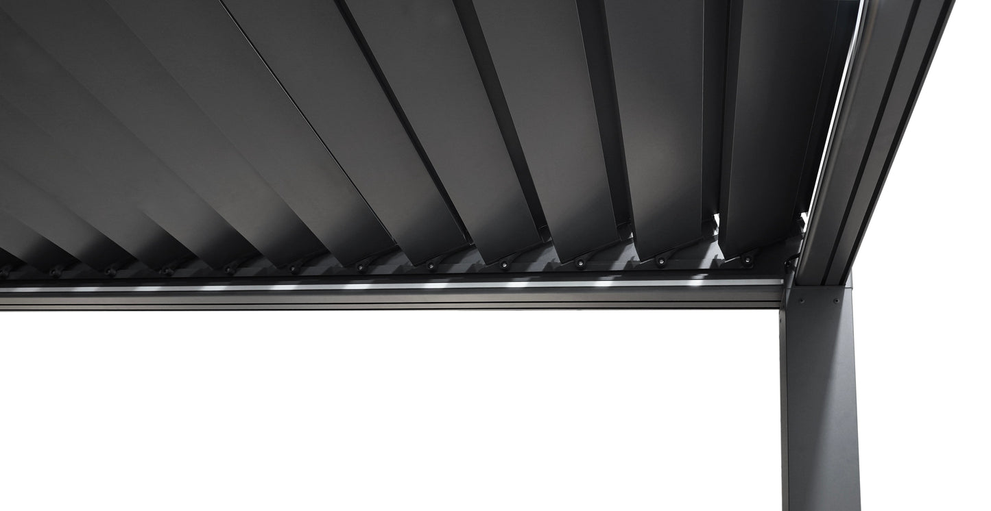 LuxShade™ 3×3m Oak Effect Aluminium Pergola LEDs, Double-Layered Louvred Roof