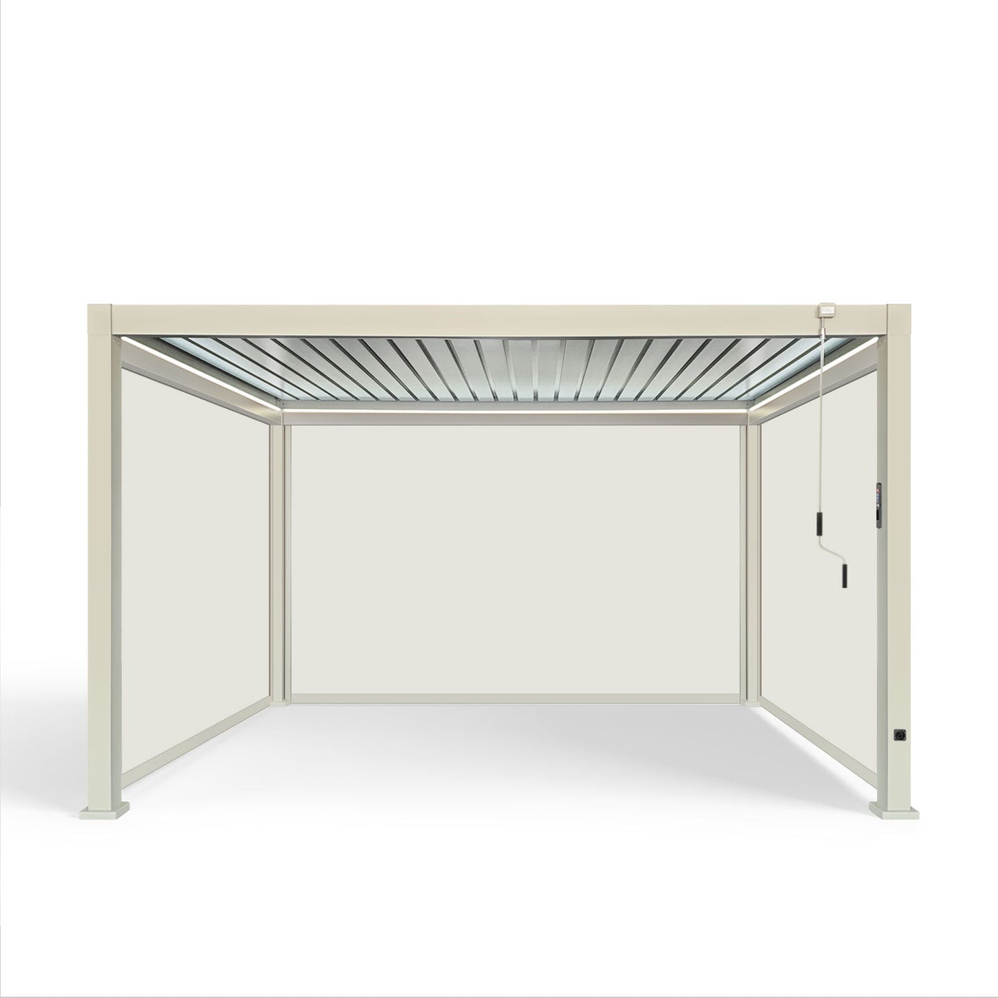 LuxShade™ 3×4m Pebble Aluminium Pergola with LEDs, Double-Layered Roof & 3 Blinds