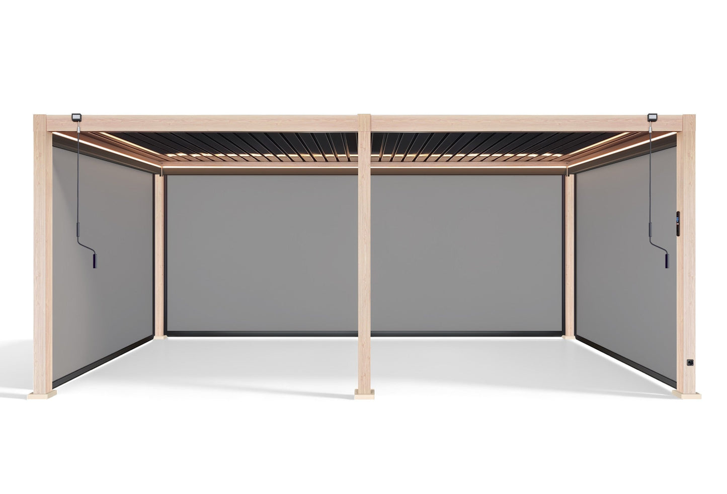 LuxShade™ 3×6m Aluminium Pergola LEDs, Double-Layered Louvred Roof & Blinds Oak Effect