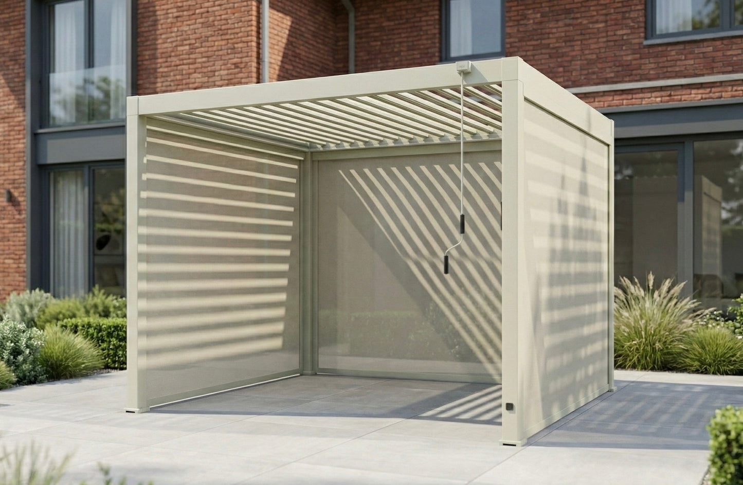 LuxShade™ 3×3m Pebble Aluminium Pergola with LEDs, Double-Layered Roof & 3 Blinds