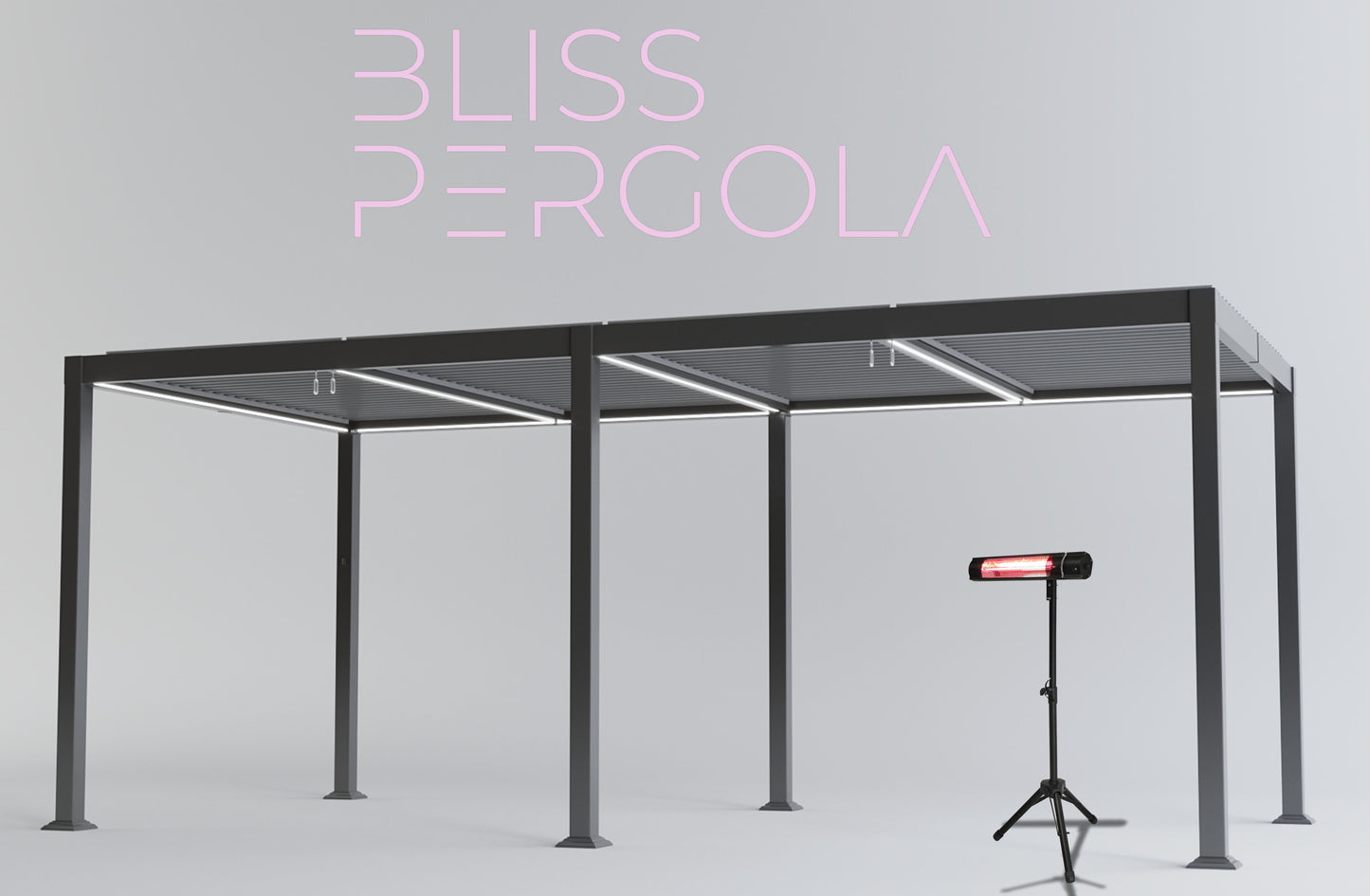 Heavy Duty Grey Aluminium LED Pergola Mid-Beam Louvered Shutter Roof 3 x 6m