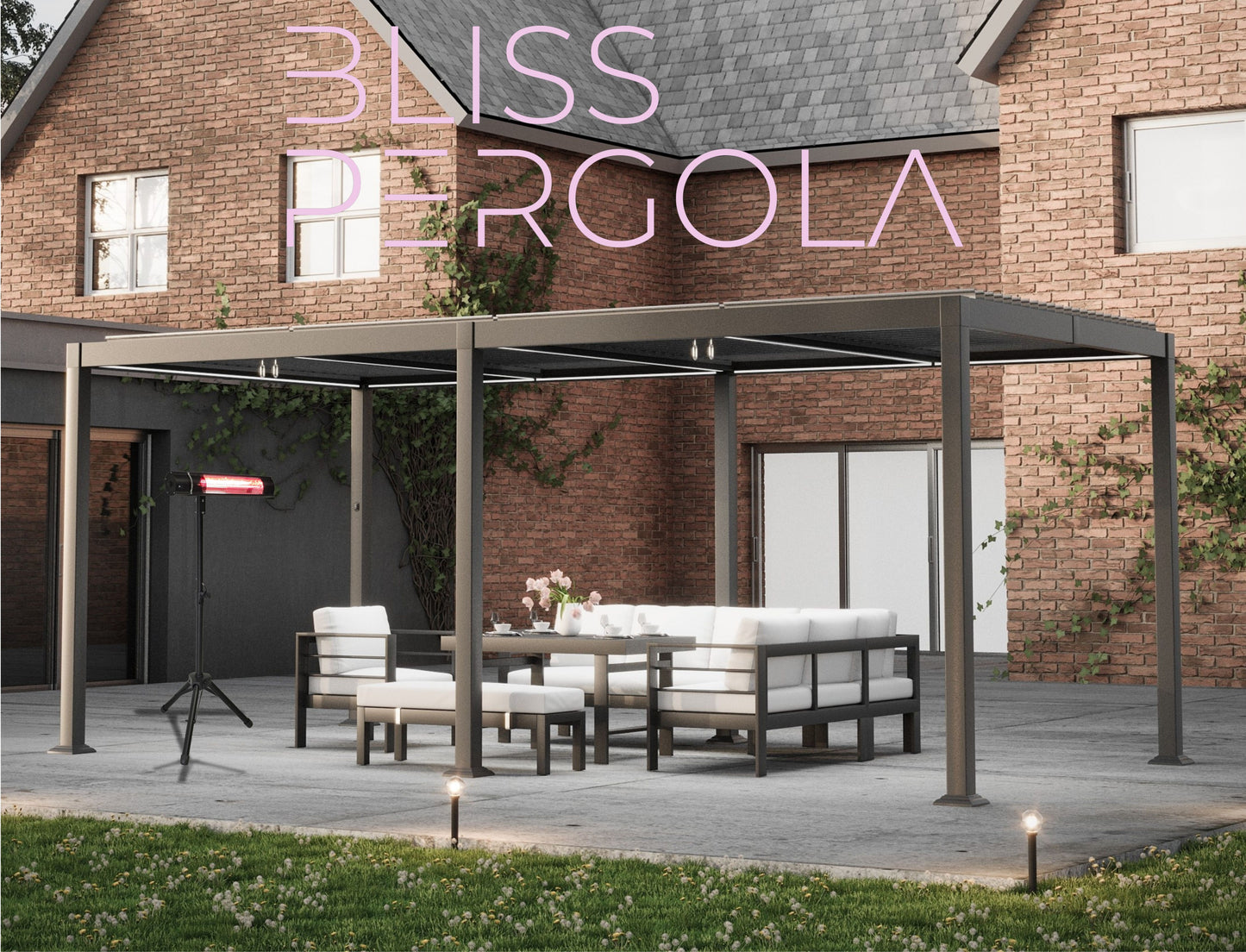 Heavy Duty Grey Aluminium LED Pergola Mid-Beam Louvered Shutter Roof 3 x 6m