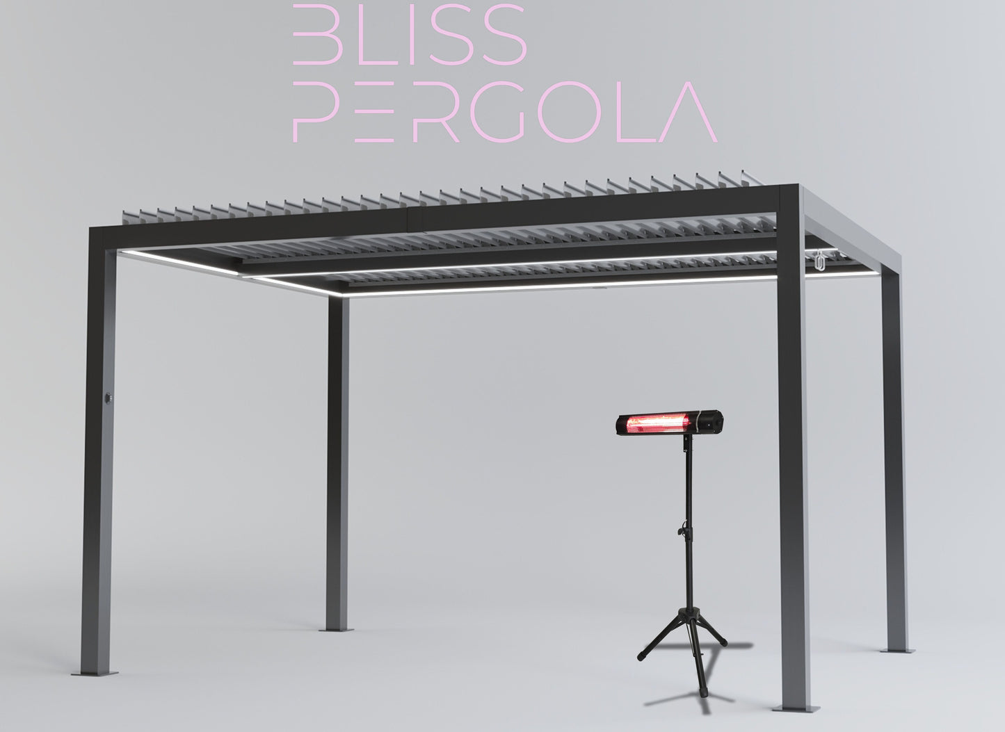 Heavy Duty Grey Aluminium LED Pergola Mid-Beam Louvered Shutter Roof 3 x 4m