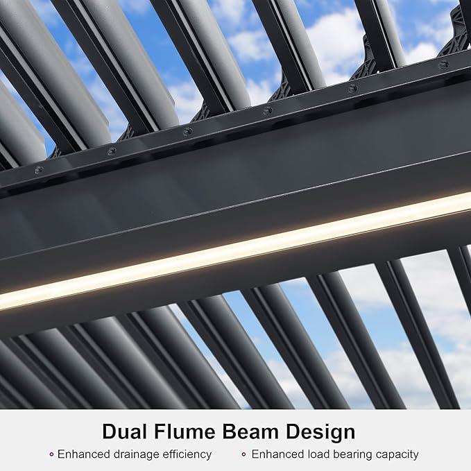Heavy Duty Grey Aluminium LED Pergola Mid-Beam Louvered Shutter Roof 3 x 6m