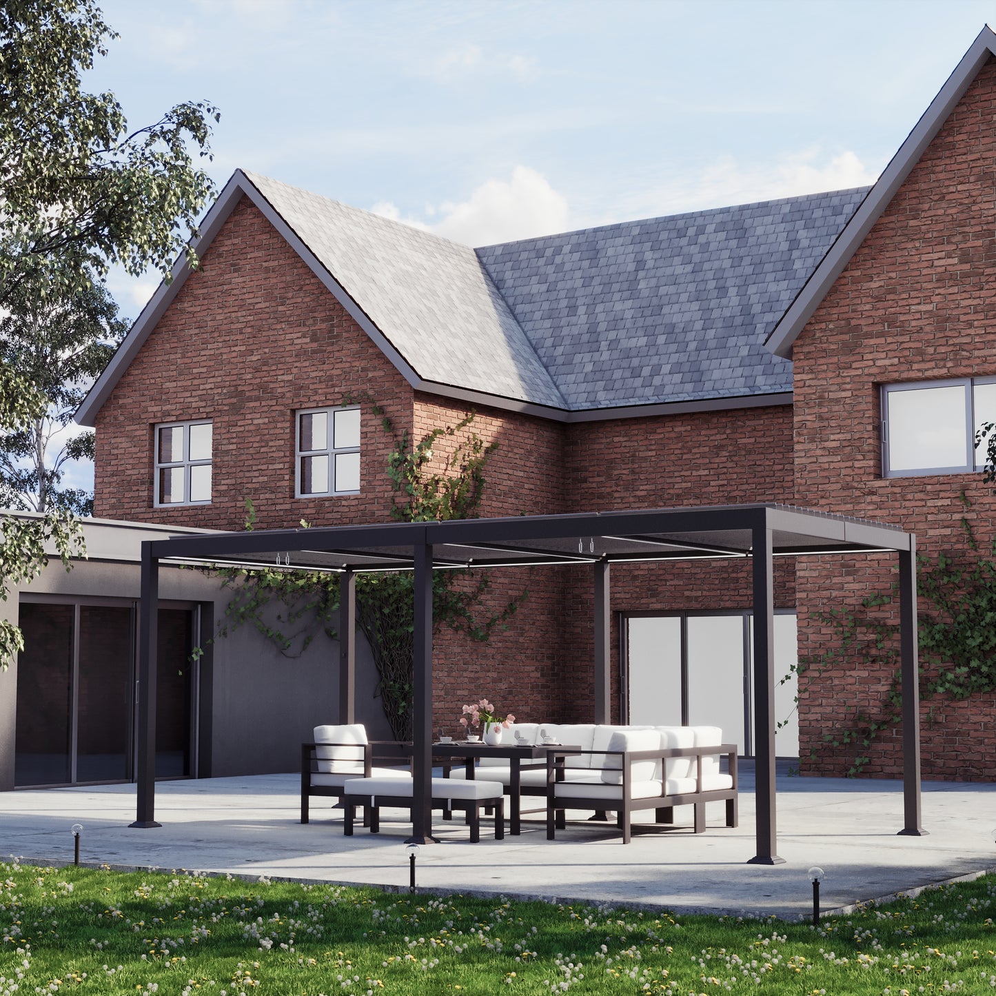 Heavy Duty Grey Aluminium LED Pergola Mid-Beam Louvered Shutter Roof 3 x 6m