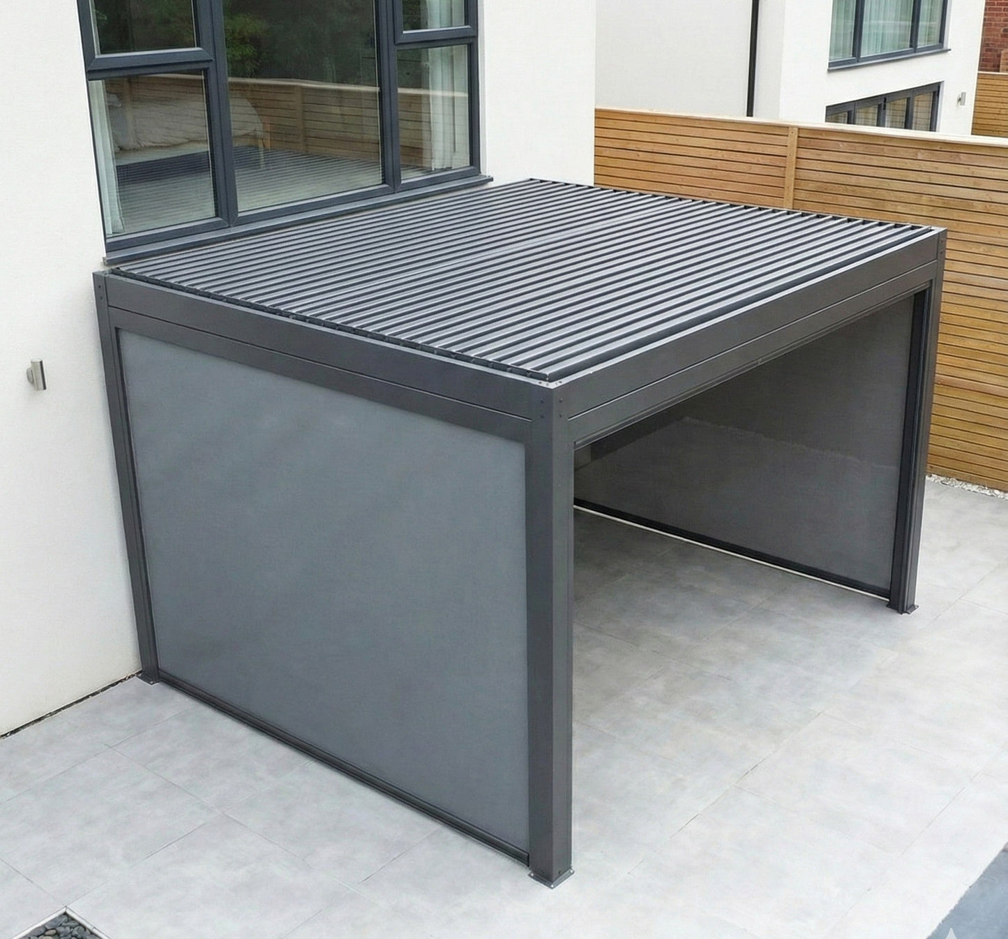 MotaShade™ 3×3m Motorised Aluminium Pergola – Double‑Layer Louvers, LEDs & 3 Windscreens
