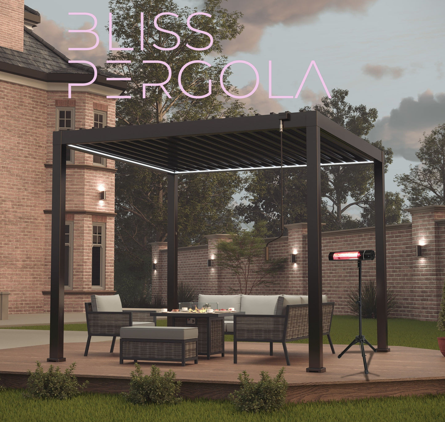 LuxShade™ 3×3m Aluminium Pergola with LEDs, Double-Layered Louvred Roof