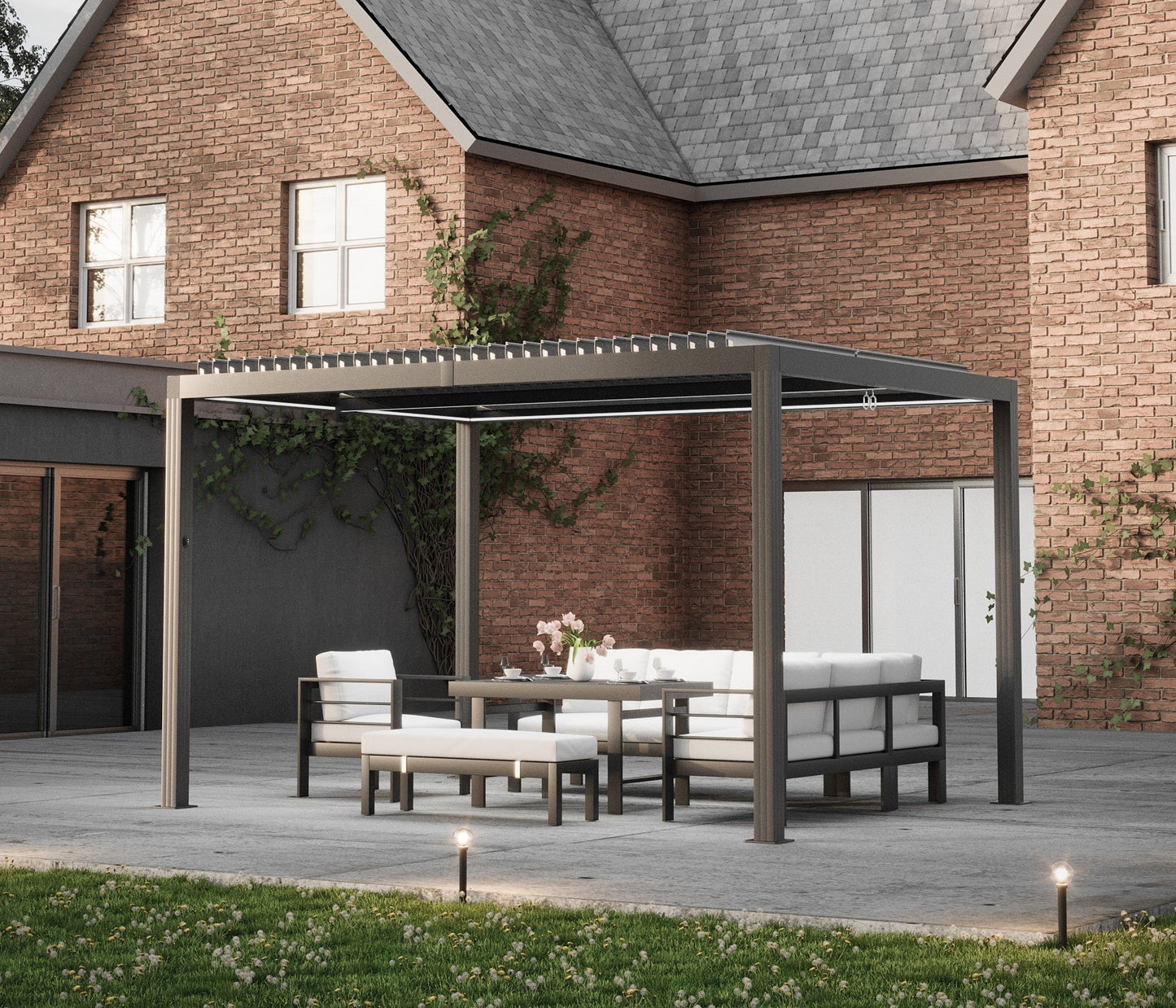 SplitZone™ 3×4m Grey Aluminium Pergola with LEDs, Mid-Beam Louvred Roof