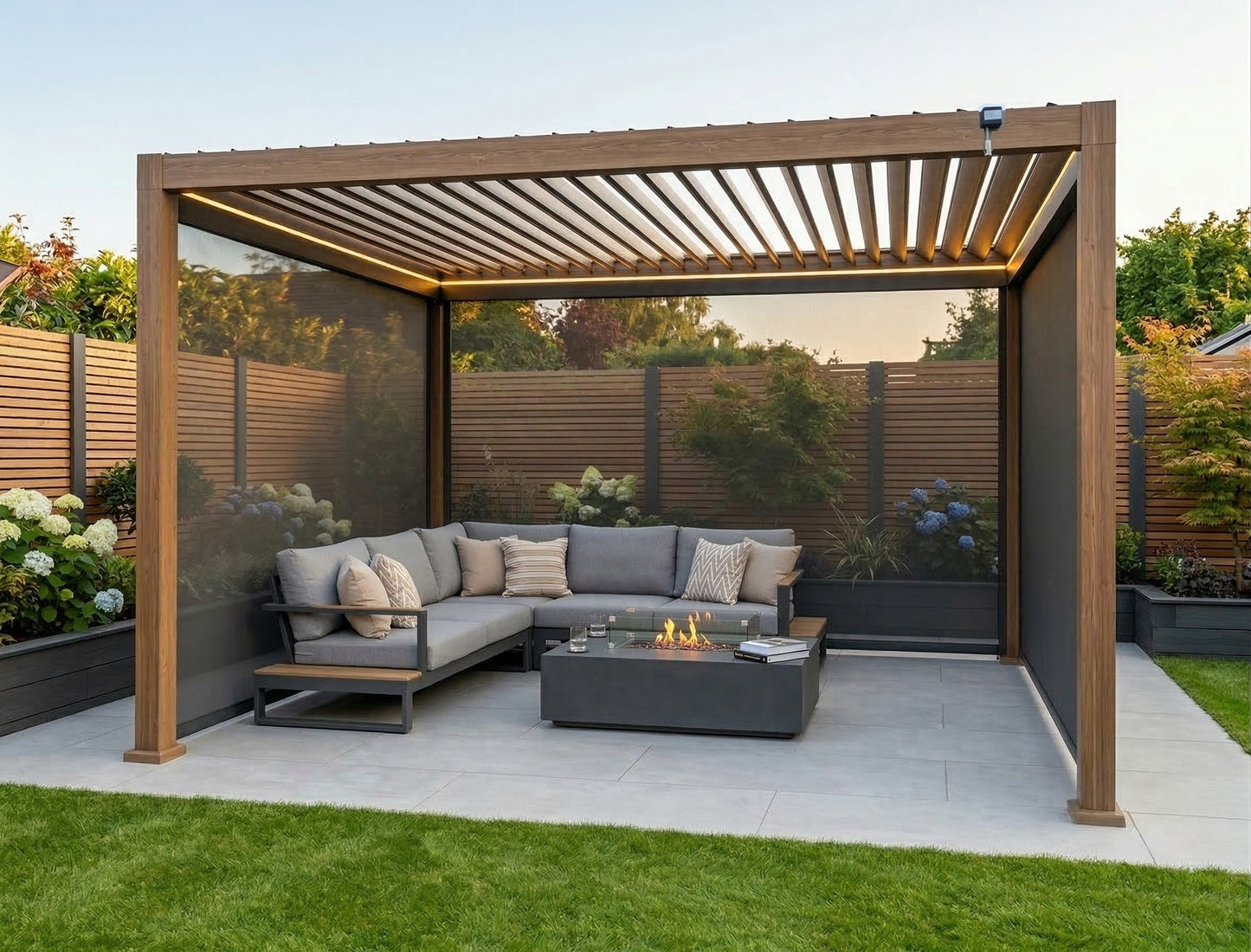 LuxShade™ 3×4m Aluminium Pergola – LEDs, Double-Layer Louvres & 3 Windscreens - Oak Effect
