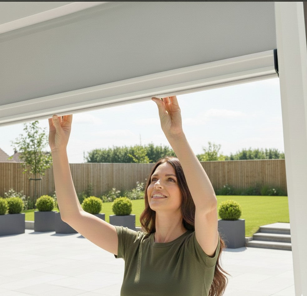 LuxShade™ 3×4m Pebble Aluminium Pergola with LEDs, Double-Layered Roof & 3 Blinds