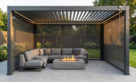 LuxShade™ 3×4m Aluminium Pergola with LEDs, Double-Layered Louvred Roof & 3 Blinds