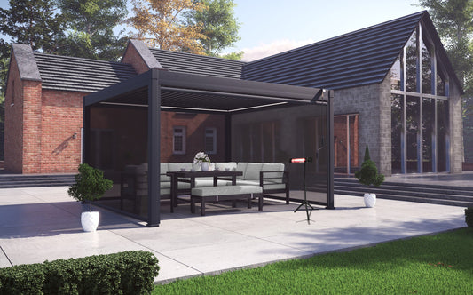 LuxShade™ 4×4m Aluminium Pergola with LEDs, Double-Layered Louvred Roof & 3 Blinds