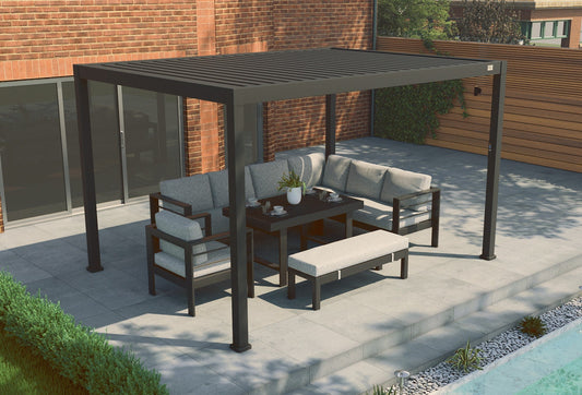 MotaShade™ 3×4m Motorised Aluminium Pergola – Double‑Layer Louvers, LED Lighting