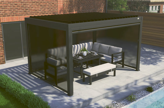 MotaShade™ 3×4m Motorised Aluminium Pergola – Double‑Layer Louvers, LEDs & 3 Zip Blinds